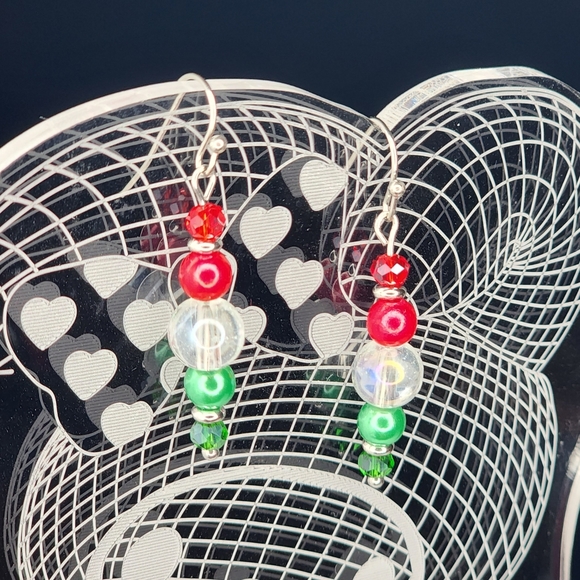 Handmade Christmas Red & Green Dangle Pearls & Crystals Earrings - Picture 3 of 5